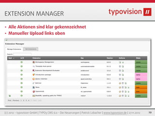 EXTENSION MANAGER

• Alle Aktionen sind klar gekennzeichnet
• Manueller Upload links oben




(c) 2012 - typovision GmbH | TYPO3 CMS 6.0 - Die Neuerungen | Patrick Lobacher | www.typovision.de | 27.11.2012   29
 