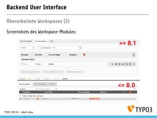 Backend User Interface
Überarbeitete Workspaces (2)
Screenshots des Workspace-Modules:
TYPO3 CMS 8.1 - What's New
 
