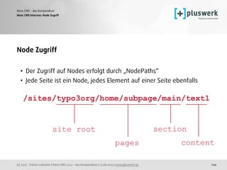 (c) 2015 - Patrick Lobacher | Neos CMS 2.0.0 - das Kompendium | 12.08.2015 | www.pluswerk.ag
Neos CMS - das Kompendium
144
Node Zugriff
• Der Zugriff auf Nodes erfolgt durch „NodePaths“
• Jede Seite ist ein Node, jedes Element auf einer Seite ebenfalls
Neos CMS Internas: Node Zugriff
/sites/typo3org/home/subpage/main/text1
content
section
pages
site root
 