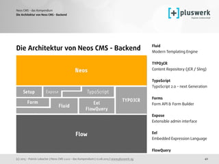 (c) 2015 - Patrick Lobacher | Neos CMS 2.0.0 - das Kompendium | 12.08.2015 | www.pluswerk.ag
Neos CMS - das Kompendium
42
Die Architektur von Neos CMS - Backend
 
Die Architektur von Neos CMS - Backend
Fluid 
Modern Templating Engine 
TYPO3CR 
Content Repository (JCR / Sling) 
 
TypoScript 
TypoScript 2.0 - next Generation 
Forms 
Form API & Form Builder 
 
Expose 
Extensible admin interface 
 
Eel 
Embedded Expression Language 
FlowQuery 
 