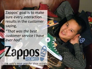 Zappos’ goal is to make
sure every interaction
results in the customer
saying,
“That was the best
customer service I have
ever had”




                          28
 