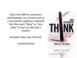 More than 60% of consumers
participating in an at-home test of
a new kitchen appliance indicated
 that they were “likely” or “very
   likely” to buy it in the next 3
              months.

  8 months later, only 12% had.

        - Gerald Zaltman
 