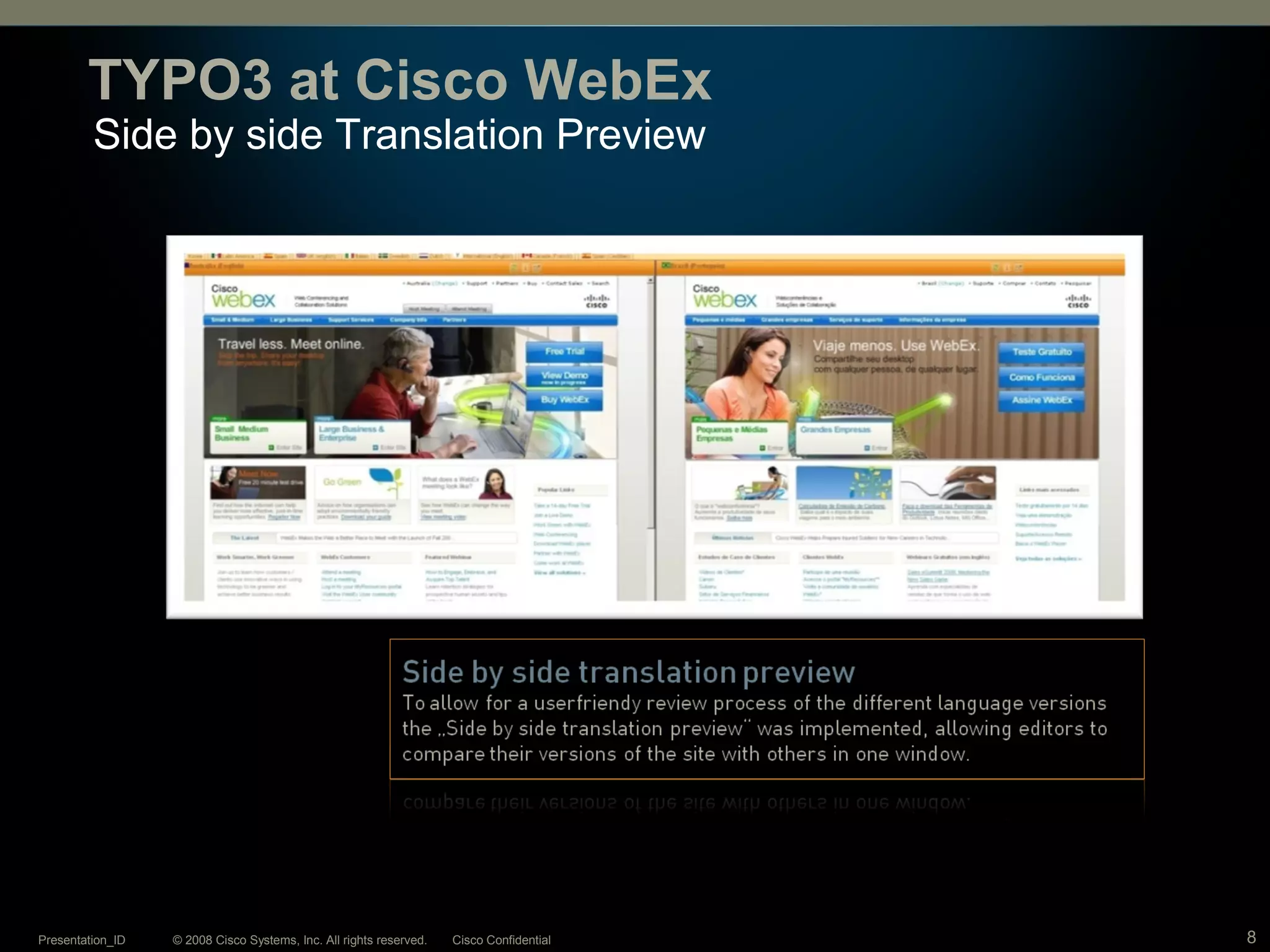 © 2008 Cisco Systems, Inc. All rights reserved. Cisco ConfidentialPresentation_ID 8
Side by side Translation Preview
TYPO3 at Cisco WebEx
 