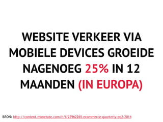 WEBSITE VERKEER VIA
MOBIELE DEVICES GROEIDE
NAGENOEG 25% IN 12
MAANDEN (IN EUROPA)
BRON: http://content.monetate.com/h/i/2...