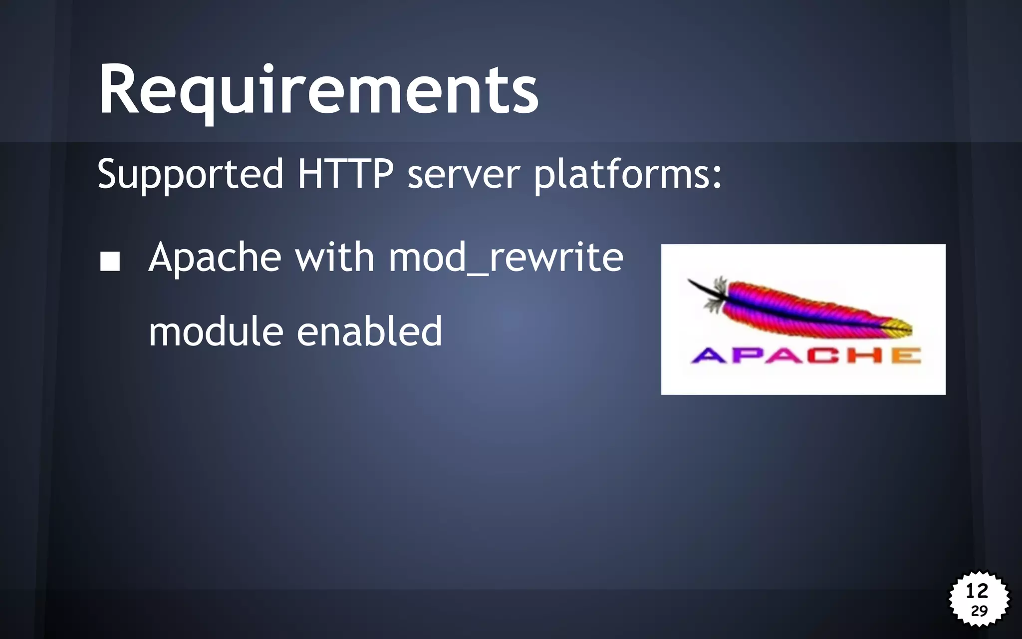 Requirements
Supported HTTP server platforms:
■ Apache with mod_rewrite
module enabled

12
29

 
