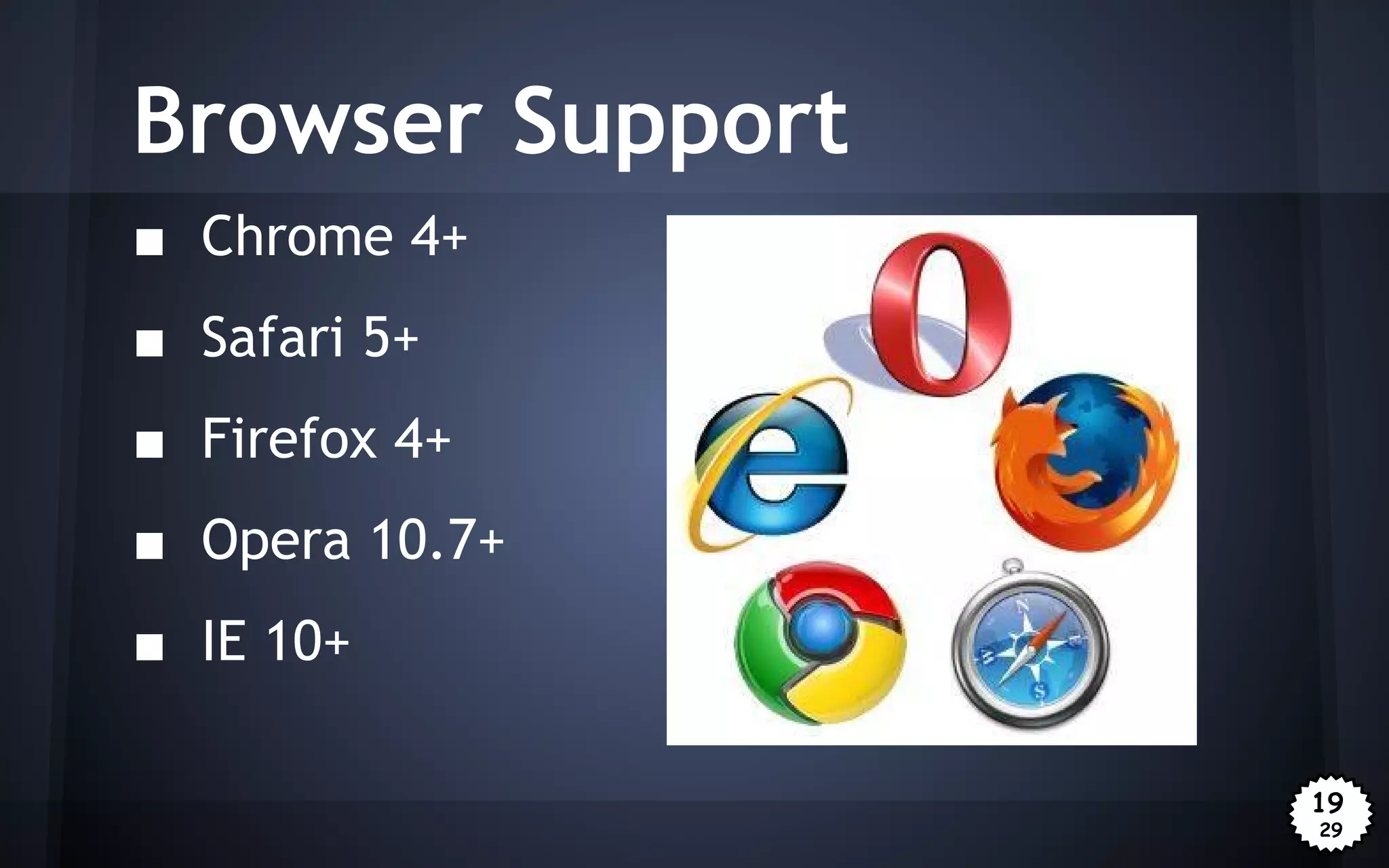 Browser Support
■ Chrome 4+
■ Safari 5+
■ Firefox 4+
■ Opera 10.7+
■ IE 10+
19
29

 