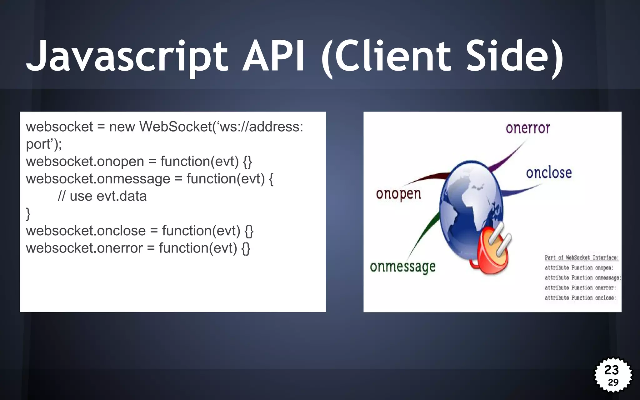 Javascript API (Client Side)
websocket = new WebSocket(‘ws://address:
port’);
websocket.onopen = function(evt) {}
websocket.onmessage = function(evt) {
// use evt.data
}
websocket.onclose = function(evt) {}
websocket.onerror = function(evt) {}

23
29

 