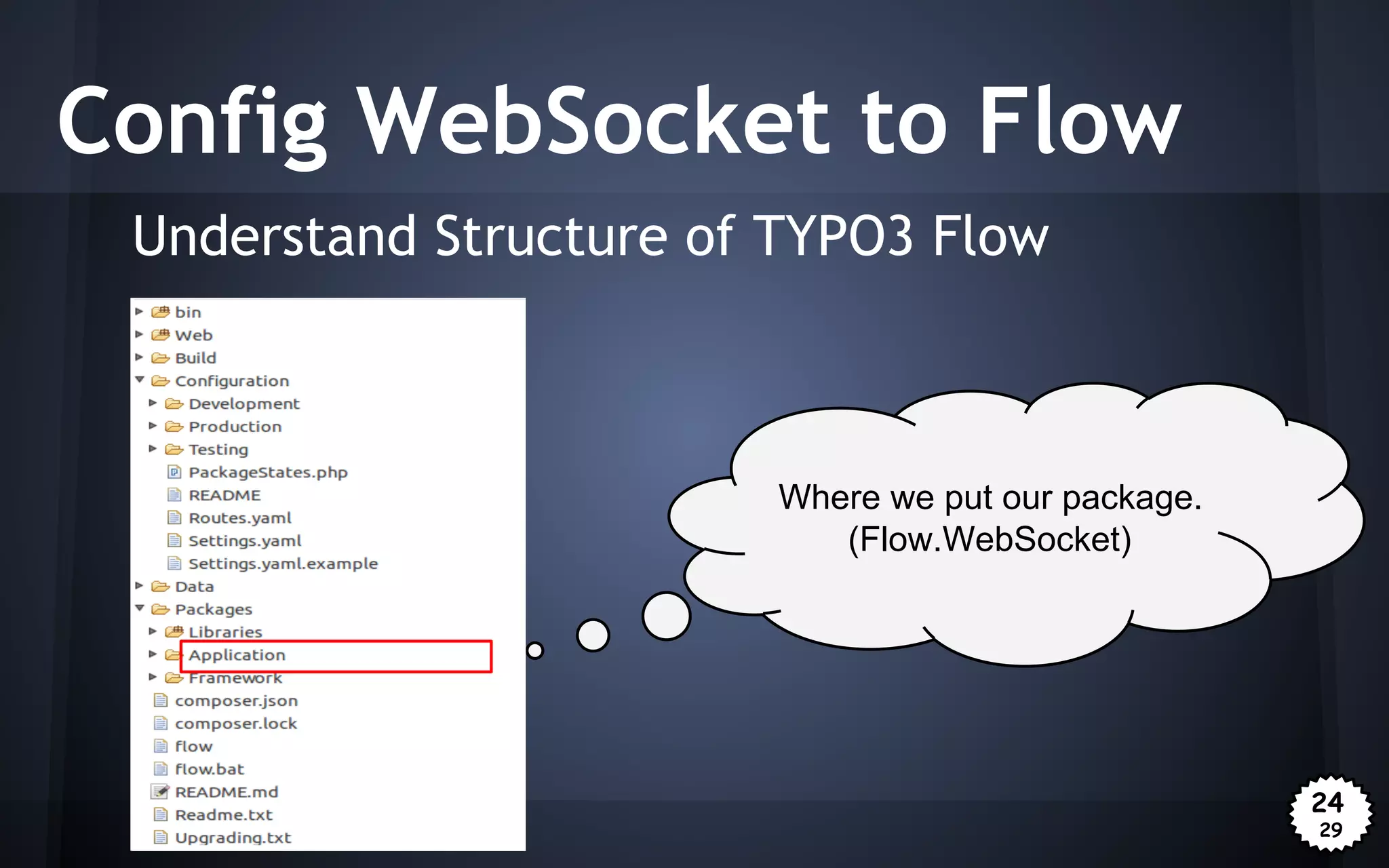 Config WebSocket to Flow
Understand Structure of TYPO3 Flow

Where we put our package.
(Flow.WebSocket)

24
29

 