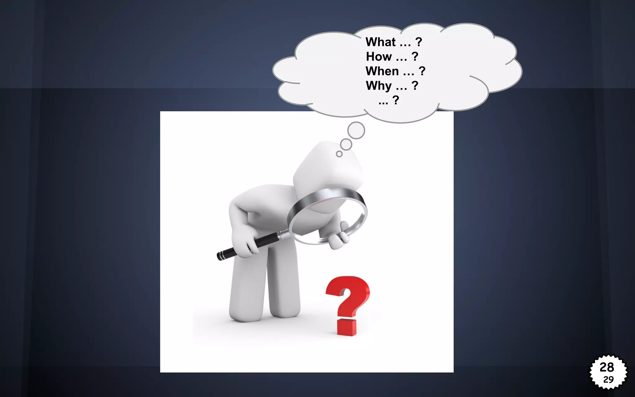 What … ?
How … ?
When … ?
Why … ?
... ?

28
29

 