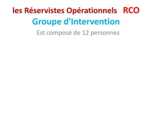 les Réservistes Opérationnels RCO
     Groupe d'Intervention
      Est composé de 12 personnes
 