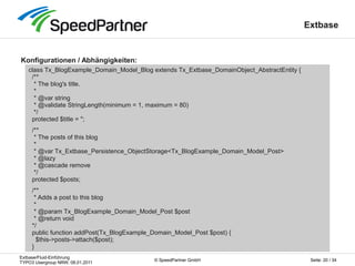 Extbase/Fluid-Einführung
TYPO3 Usergroup NRW, 08.01.2011
Seite: 20 / 34© SpeedPartner GmbH
Extbase
Konfigurationen / Abhän...