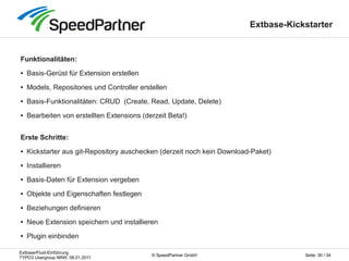 Extbase/Fluid-Einführung
TYPO3 Usergroup NRW, 08.01.2011
Seite: 30 / 34© SpeedPartner GmbH
Extbase-Kickstarter
Funktionali...