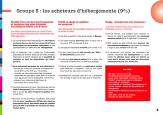 Groupe 5 : les acheteurs d’hébergements (9%)

Intérêt vis-à-vis des fonctionnalités                           Profil et usage en matière                                   Usage - préparation des vacances :
et contenus des sites Internet                                  de vacances :
touristiques dédiés à la France :                                                                                            une cible recherchant et achetant son
                                                                les Internautes les plus âgés, habitants surtout             hébergement sur Internet.
une cible moins internaute qui utilise l’outil                  en zones rurales.
Internet essentiellement pour rechercher des                                                                                 q Hormis Internet, pour préparer leurs vacances en
hébergements.                                                   q Une forte proportion d’Internautes venant du Benelux.        France, ils utilisent particulièrement des brochures,
                                                                                                                               dépliants gratuits (49% en ligne avec la moyenne).
q La majorité déclare être intéressée par les informations      q Une petite majorité d’hommes (53% en ligne avec la
  contenues dans un site Internet consacré à la France            moyenne). 67% ont plus de 35 ans.                          q 86% visitent les sites Internet pour imprimer des
  (informations sur les itinéraires notamment), et plus                                                                        informations touristiques (en ligne avec la moyenne).
  significativement par celles liées aux hébergements.          q Une part plus importante d’inactifs (33% contre 27%).        Il s’agit du seul véritable motif de visite.

q Ils ne s’attachent pas à toutes les fonctionnalités           q Un tiers réside dans une ville de moins de 2 000 à         q Ils recherchent plus souvent des informations sur
  proposées par les sites, telles que les visites virtuelles.     20 000 habitants (contre 26%).                               Internet concernant les hébergements. La quasi-
  Cependant, ils restent intéressés par la possibilité de                                                                      totalité n’a effectué aucun achat sur Internet au
  connaître en ligne les disponibilités des héber-              q Ils effectuent tous types de séjours (55% un séjour d’au     cours des 24 derniers mois, juste des réservations
  gements.                                                        moins une semaine et 55% un week-end prolongé).              d’hébergement pour 55% d’entre eux.

q Ils se distinguent des autres par leur préférence à :         q Près de la moitié choisissent une destination urbaine
  - trouver des outils pour construire eux-mêmes leur             (part inférieure à la moyenne : 59%) et 45% optent
                                                                                                                                                     Une cible :
    circuit (64% contre 54% pour l’ensemble),                     pour la mer (en ligne avec la moyenne).
  - consulter les informations des sites touristiques                                                                          - plus âgée, vivant en zone rurale,
    directement en ligne (88% contre 84%) ou après les          q Pendant leurs vacances, près de 7 sur 10 pratiquent          - avec des pratiques touristiques diversifiées,
    avoir reçues par courrier postal (30% contre 25%),            des activités de plein air (en ligne avec la moyenne).       - qui est moins expérimentée sur Internet, parfois
  - préparer leurs visites sans télécharger de                                                                                   "infidèle", (recours aux brochures et dépliants),
    documents (54% contre 32%).                                                                                                - qui n’achète pas sur Internet,
                                                                                                                               - moins sensible aux "habillages" technologiques mais
q Les sites répondants le mieux à leurs attentes sont les                                                                        qui veut connaître à minima les disponibilités des
                                                                                                                                 hébergements,
  sites d’hébergement (59% contre 44% pour l’ensem-
                                                                                                                               - qui s’informe sur Internet sur toutes les étapes de son
  ble) ou encore les sites d’organismes publics (43%
                                                                                                                                 séjour,
  contre 29%).                                                                                                                 - assez aisée, active lors des vacances,
                                                                                                                               - réservant son séjour via Internet.
q Pour eux, un site touristique sur la France doit surtout
  être mis à jour régulièrement (59%), précis dans les
  informations (56%), être étendu dans son contenu
  (42%) et offrir la possibilité de visualiser les dispo-
  nibilités (52%).
                                                                                                                                                                                           6
 