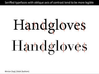 Seriﬀed typefaces with oblique axis of contrast tend to be more legible
Minion (top), Didot (bottom)
Handgloves
Handgloves
 