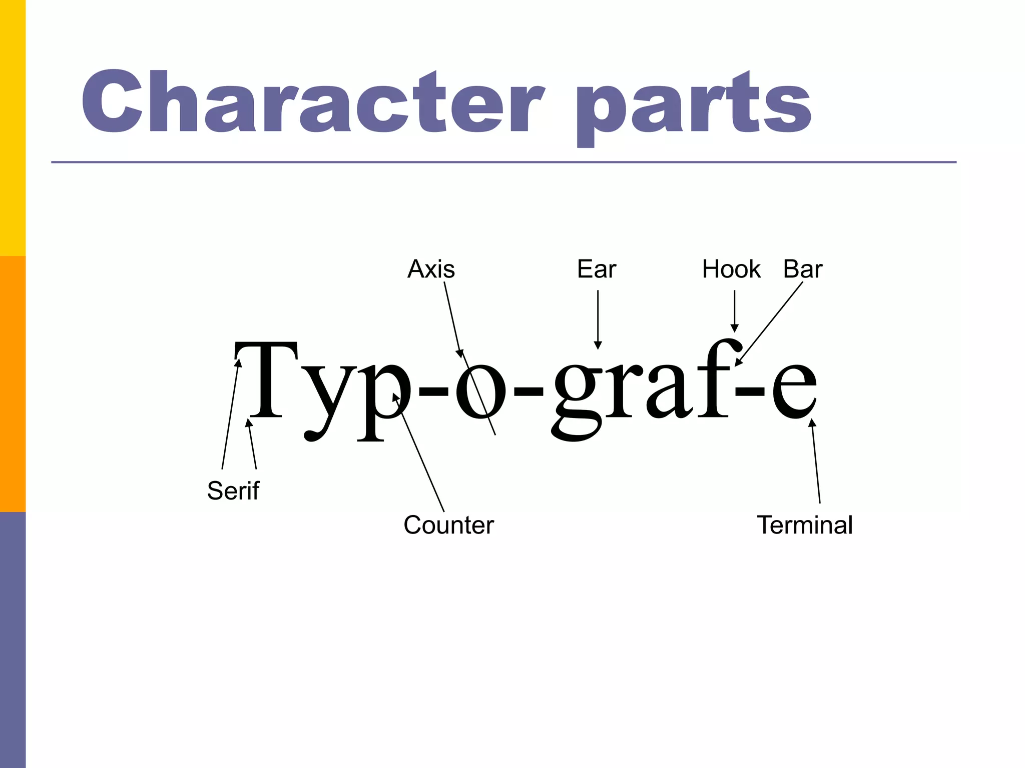 Character parts
          Axis      Ear   Hook Bar




    Typ-o-graf-e
  Serif
          Counter            Terminal
 