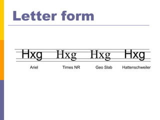 Letter form

 Hxg      Hxg        Hxg        Hxg
  Ariel   Times NR   Geo Slab   Hattenschweiler
 