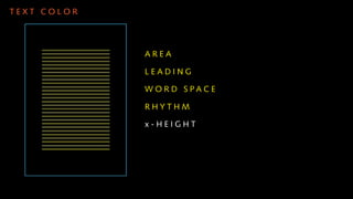 TEXT COLOR




             AREA

             LEADING

             WORD SPACE

             RHYTHM

             x-HEIGHT
 