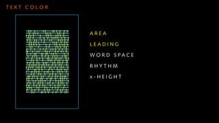 TEXT COLOR




             AREA

             LEADING

             WORD SPACE

             RHYTHM

             x-HEIGHT
 
