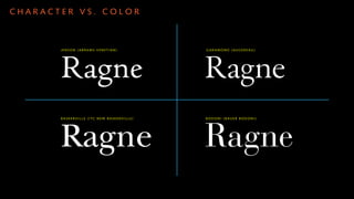 CHARACTER VS. COLOR
  CHARACTER VS. COLOR




                                             Ragne
         JENSON (ABRAMS VENETIAN)            GARAMOND (AUGEREAU)




         Ragne

         Ragne                               Ragne
         BASKERVILLE (ITC NEW BASKERVILLE)   BODONI (BAUER BODONI)
 