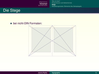 Was ist das?
                          Allgemeines
                                         Proportionen und Seitenformat
                           Satzspiegel
                                         Stege
                         Schriftenwahl
                                         Gestaltungsraster, Elemente des Satzspiegels


Die Stege


     bei nicht-DIN Formaten:




                                 ´
                        Joanna Rycko     Typographie                                    16
 