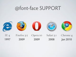 @font-face SUPPORT



IE 4   Firefox 3.5   Opera 10   Safari 3.1   Chrome 4
1997      2009        2009       2008        J...