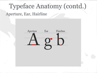 Typeface Anatomy (contd.)
Aperture, Ear, Hairline
 