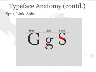 Typeface Anatomy (contd.)
Spur, Link, Spine
 