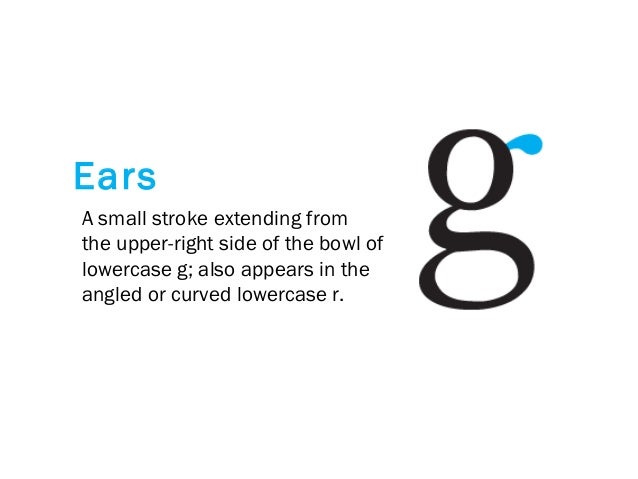 A small stroke extending from
the upper-right side of the bowl of
lowercase g; also appears in the
angled or curved lowerc...
