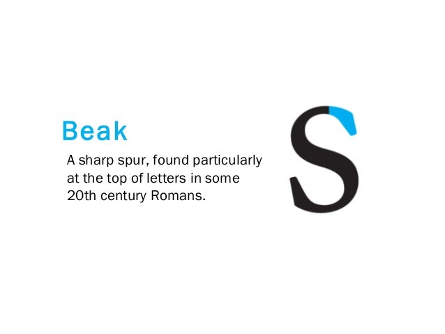 A sharp spur, found particularly
at the top of letters in some
20th century Romans.
Beak