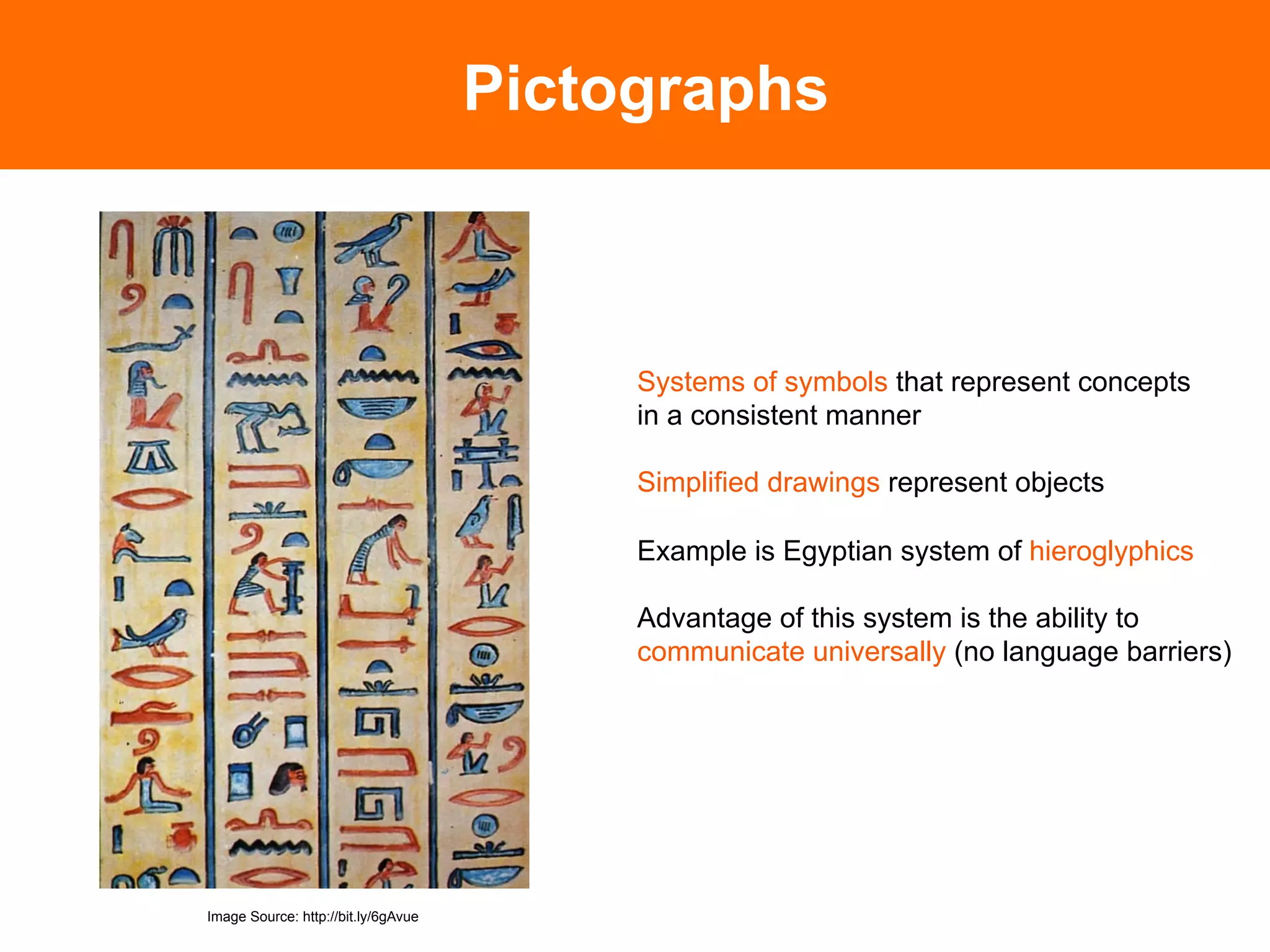 Pictographs



                                                               Systems of symbols that represent concepts
                                                               in a consistent manner

                                                               Simplified drawings represent objects

                                                               Example is Egyptian system of hieroglyphics
                                 Photo Source: A Typographic Workbook, Kate Clair	

                                                               Advantage of this system is the ability to
                                                               communicate universally (no language barriers)




Image Source: http://bit.ly/6gAvue
 