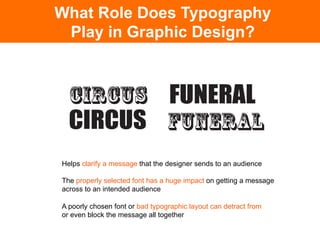 What Role Does Typography
 Play in Graphic Design?




Helps clarify a message that the designer sends to an audience

The properly selected font has a huge impact on getting a message
across to an intended audience

A poorly chosen font or bad typographic layout can detract from
or even block the message all together
 