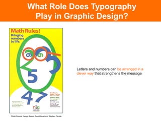 What Role Does Typography
                    Play in Graphic Design?




                                                              Letters and numbers can be arranged in a
                                                              clever way that strengthens the message	





Photo Source: Design Basics, David Lauer and Stephen Pentak
 