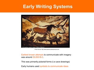 Early Writing Systems




              Photo Source: http://www.sanford-artedventures.com




Earliest known attempts to communicate with imagery
was around 25,000 B.C.

This was primarily pictorial forms (i.e cave drawings)

Early humans used symbols to communicate ideas	

 