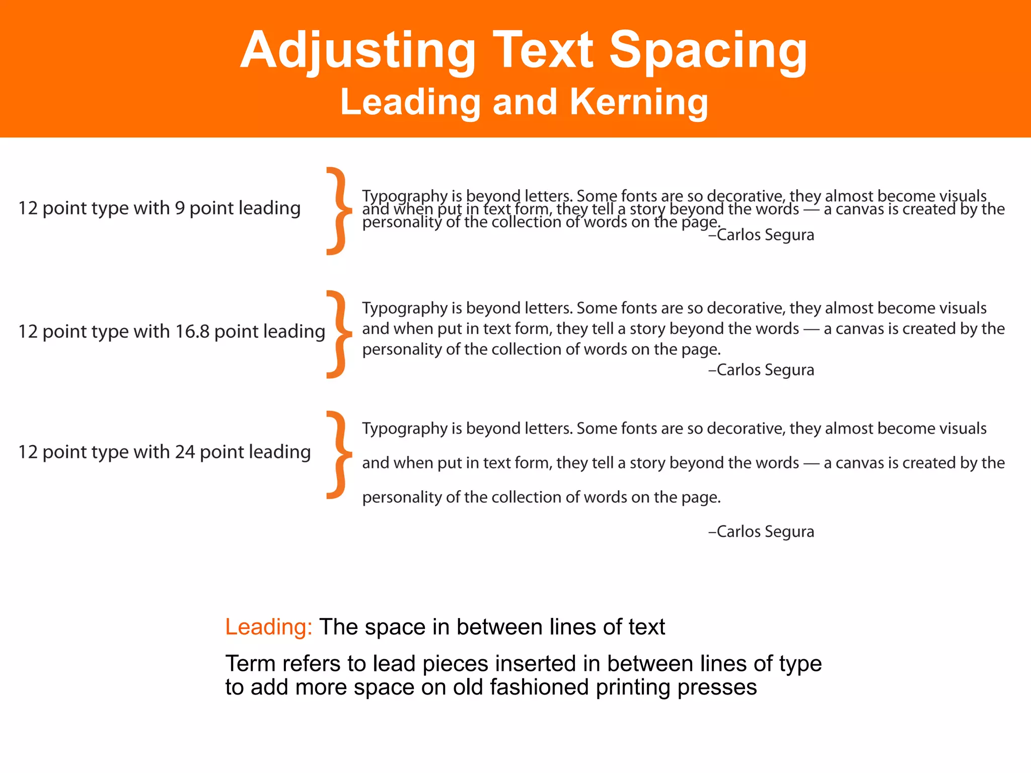 Adjusting Text Spacing
           Leading and Kerning




Leading: The space in between lines of text
Term refers to lead pieces inserted in between lines of type
to add more space on old fashioned printing presses
 