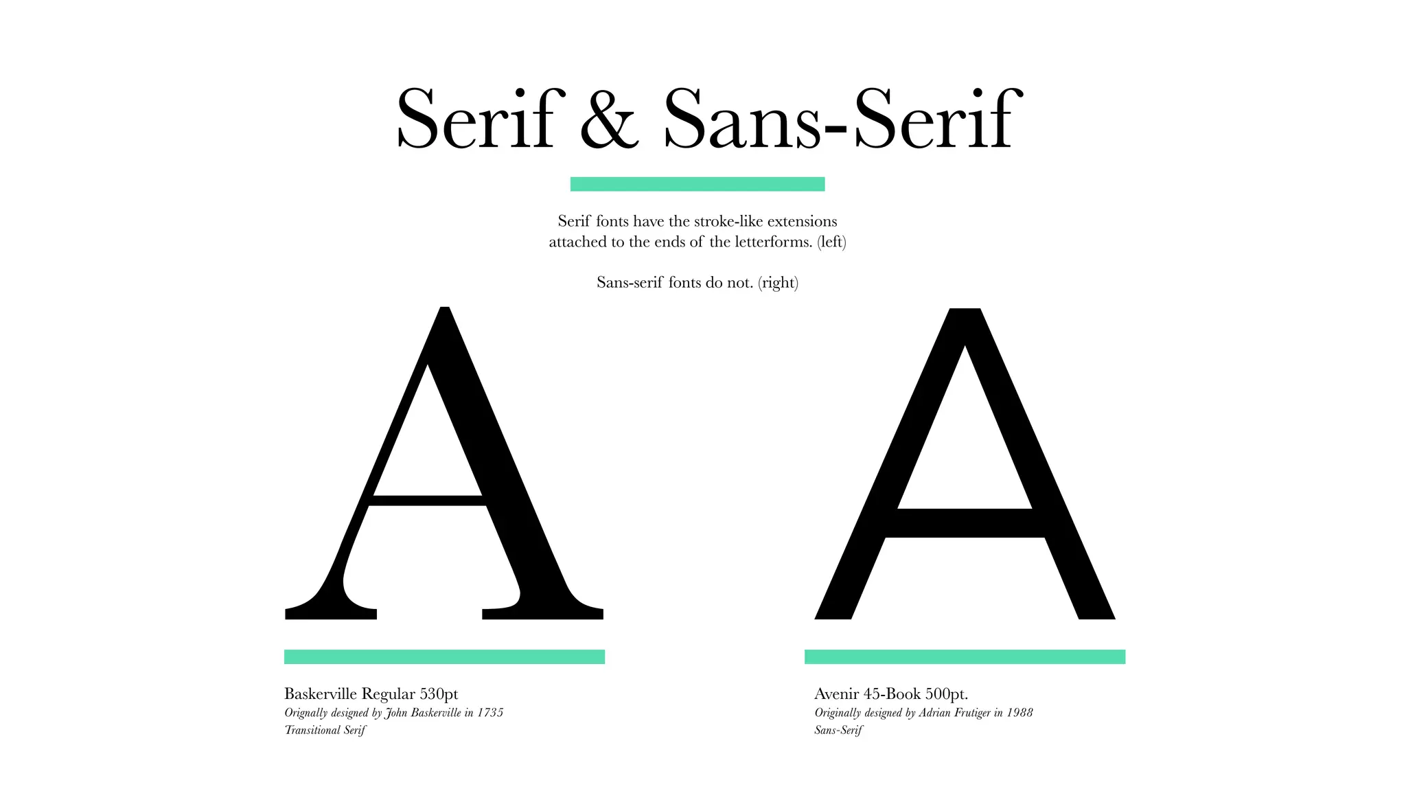 Serif & Sans-Serif
Serif fonts have the stroke-like extensions
attached to the ends of the letterforms. (left)
Sans-serif fonts do not. (right)
Avenir 45-Book 500pt.
Originally designed by Adrian Frutiger in 1988
Sans-Serif
ABaskerville Regular 530pt
Orignally designed by John Baskerville in 1735
Transitional Serif
A
 
