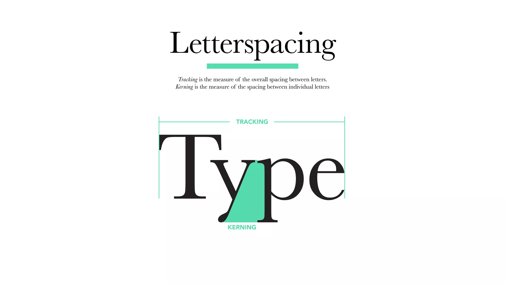 Letterspacing
Tracking is the measure of the overall spacing between letters.
Kerning is the measure of the spacing between individual letters
KERNING
TRACKING
 