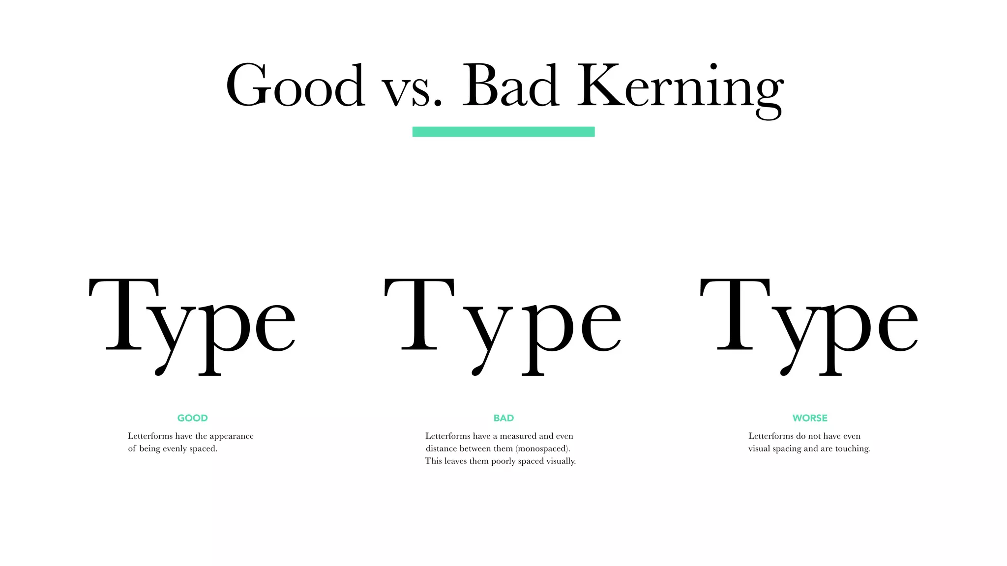 Good vs. Bad Kerning
GOOD BAD WORSE
Letterforms have the appearance
of being evenly spaced.
Letterforms have a measured and even
distance between them (monospaced).
This leaves them poorly spaced visually.
Letterforms do not have even
visual spacing and are touching.
Type TypeType
 