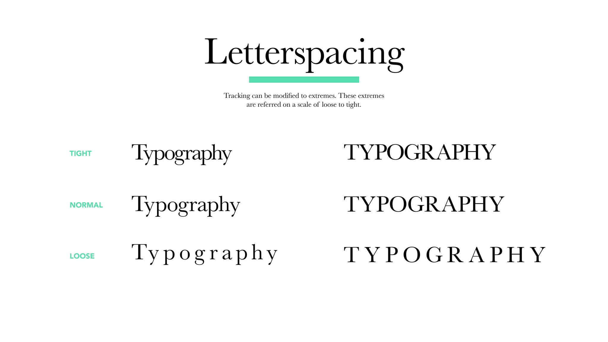 Letterspacing
Typography
Typography
Ty p o g r a ph y
Tracking can be modified to extremes. These extremes
are referred on a scale of loose to tight.
TIGHT
NORMAL
LOOSE
TYPOGRAPHY
TYPOGRAPHY
T Y P O G R A P H Y
 