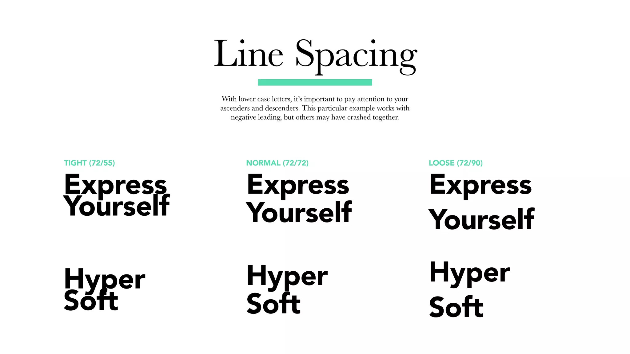 Line Spacing
With lower case letters, it’s important to pay attention to your
ascenders and descenders. This particular example works with
negative leading, but others may have crashed together.
NORMAL (72/72) LOOSE (72/90)TIGHT (72/55)
Express
Yourself
Hyper
Soft
Express
Yourself
Hyper
Soft
Express
Yourself
Hyper
Soft
 