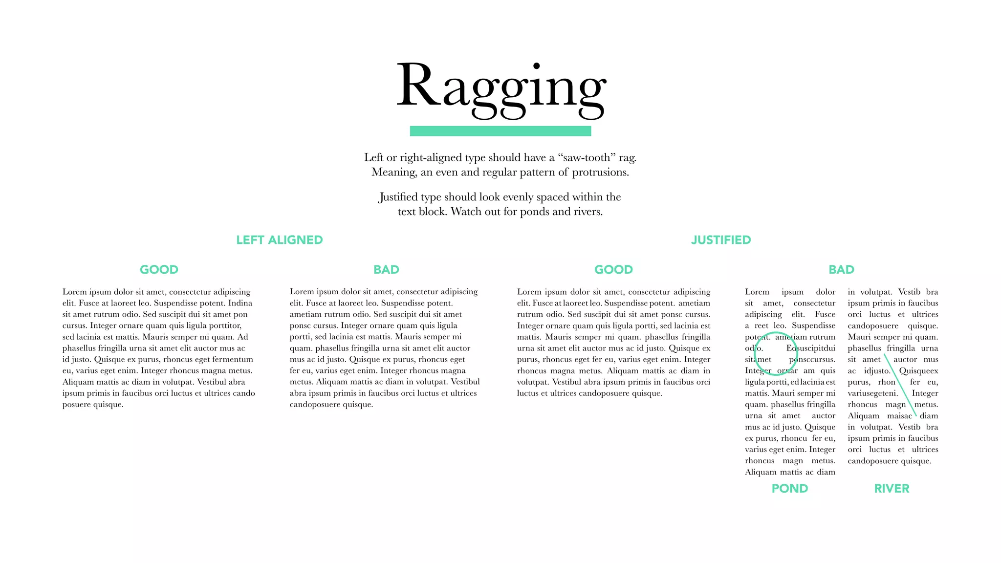 Ragging
Left or right-aligned type should have a “saw-tooth” rag.
Meaning, an even and regular pattern of protrusions.
Justified type should look evenly spaced within the
text block. Watch out for ponds and rivers.
GOOD BAD GOOD BAD
Lorem ipsum dolor sit amet, consectetur adipiscing
elit. Fusce at laoreet leo. Suspendisse potent.
ametiam rutrum odio. Sed suscipit dui sit amet
ponsc cursus. Integer ornare quam quis ligula
portti, sed lacinia est mattis. Mauris semper mi
quam. phasellus fringilla urna sit amet elit auctor
mus ac id justo. Quisque ex purus, rhoncus eget
fer eu, varius eget enim. Integer rhoncus magna
metus. Aliquam mattis ac diam in volutpat. Vestibul
abra ipsum primis in faucibus orci luctus et ultrices
candoposuere quisque.
Lorem ipsum dolor sit amet, consectetur adipiscing
elit. Fusce at laoreet leo. Suspendisse potent. Indina
sit amet rutrum odio. Sed suscipit dui sit amet pon
cursus. Integer ornare quam quis ligula porttitor,
sed lacinia est mattis. Mauris semper mi quam. Ad
phasellus fringilla urna sit amet elit auctor mus ac
id justo. Quisque ex purus, rhoncus eget fermentum
eu, varius eget enim. Integer rhoncus magna metus.
Aliquam mattis ac diam in volutpat. Vestibul abra
ipsum primis in faucibus orci luctus et ultrices cando
posuere quisque.
Lorem ipsum dolor
sit amet, consectetur
adipiscing elit. Fusce
a reet leo. Suspendisse
potent. ametiam rutrum
odio. Edsuscipitdui
sitamet ponsccursus.
Integer ornar am quis
ligula portti, ed lacinia est
mattis. Mauri semper mi
quam. phasellus fringilla
urna sit amet auctor
mus ac id justo. Quisque
ex purus, rhoncu fer eu,
varius eget enim. Integer
rhoncus magn metus.
Aliquam mattis ac diam
in volutpat. Vestib bra
ipsum primis in faucibus
orci luctus et ultrices
candoposuere quisque.
Mauri semper mi quam.
phasellus fringilla urna
sit amet auctor mus
ac idjusto. Quisqueex
purus, rhon fer eu,
variusegeteni. Integer
rhoncus magn metus.
Aliquam maisac diam
in volutpat. Vestib bra
ipsum primis in faucibus
orci luctus et ultrices
candoposuere quisque.
Lorem ipsum dolor sit amet, consectetur adipiscing
elit. Fusce at laoreet leo. Suspendisse potent. ametiam
rutrum odio. Sed suscipit dui sit amet ponsc cursus.
Integer ornare quam quis ligula portti, sed lacinia est
mattis. Mauris semper mi quam. phasellus fringilla
urna sit amet elit auctor mus ac id justo. Quisque ex
purus, rhoncus eget fer eu, varius eget enim. Integer
rhoncus magna metus. Aliquam mattis ac diam in
volutpat. Vestibul abra ipsum primis in faucibus orci
luctus et ultrices candoposuere quisque.
POND RIVER
LEFT ALIGNED JUSTIFIED
 