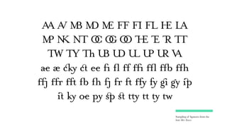 Sampling of ligatures from the
font Mrs Eaves
AA AV MB MD ME FF FI FL HE LA
MP NK NT OC OG OO THE TE TR TT
TW TY Th UB UD ...