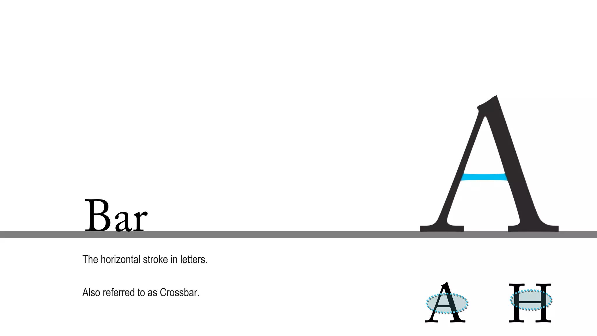 Bar
The horizontal stroke in letters.
Also referred to as Crossbar.
A H
 