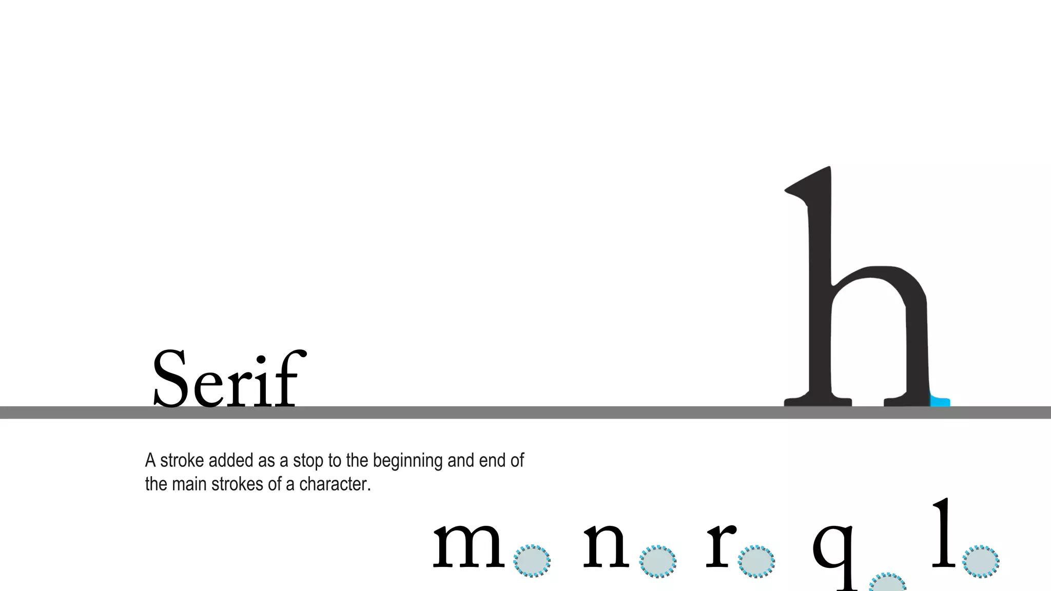 Serif
A stroke added as a stop to the beginning and end of
the main strokes of a character.
m n r q l
 