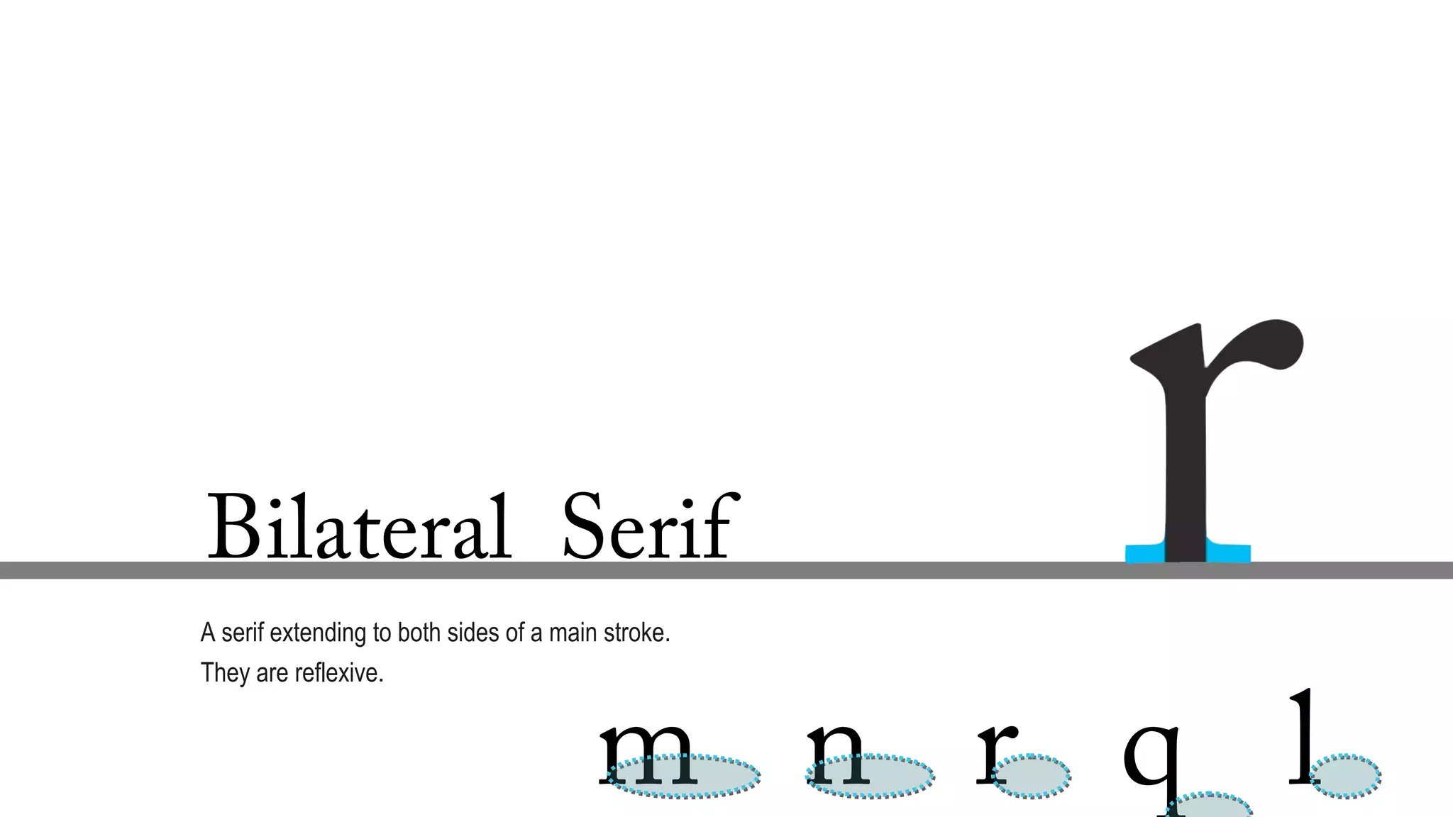 Bilateral Serif
A serif extending to both sides of a main stroke.
They are reflexive.
m n r q l
 
