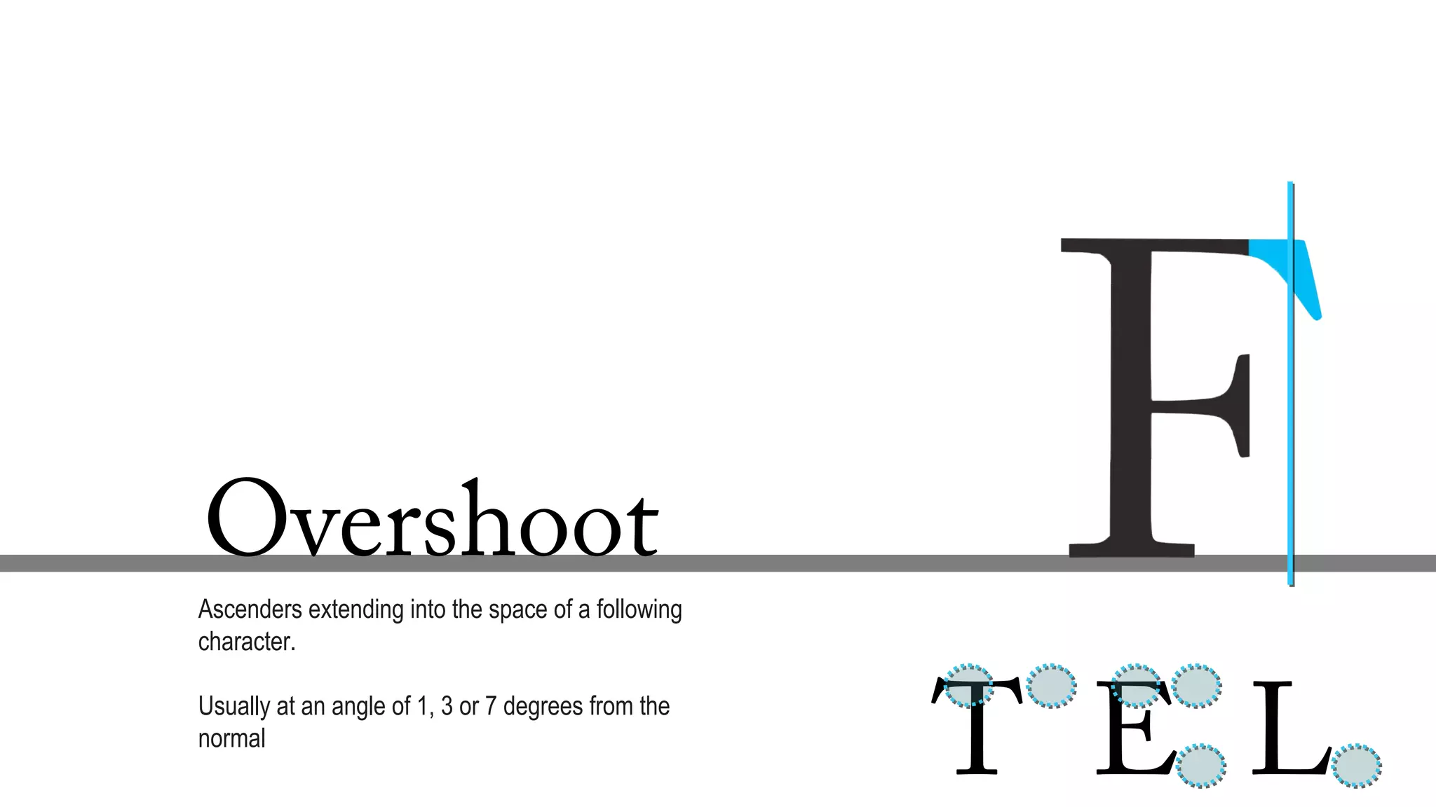 Overshoot
Ascenders extending into the space of a following
character.
Usually at an angle of 1, 3 or 7 degrees from the
normal
T E L
 