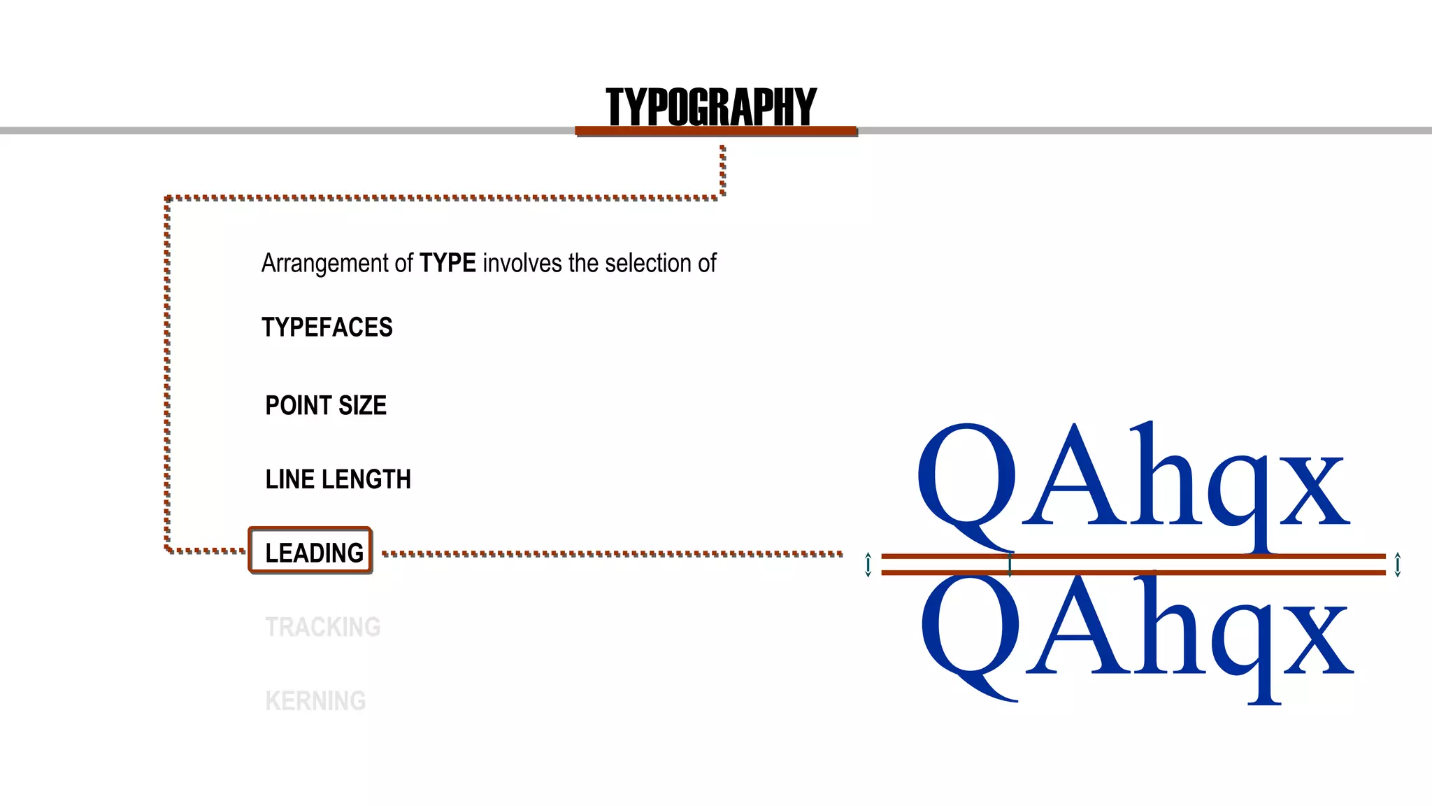 TYPOGRAPHY
Arrangement of TYPE involves the selection of
TYPEFACES
Line Spacing
Refers to the distance between the baselines of
successive lines of type.
POINT SIZE
LINE LENGTH
LEADING
TRACKING
KERNING
QAhqx
QAhqx
 