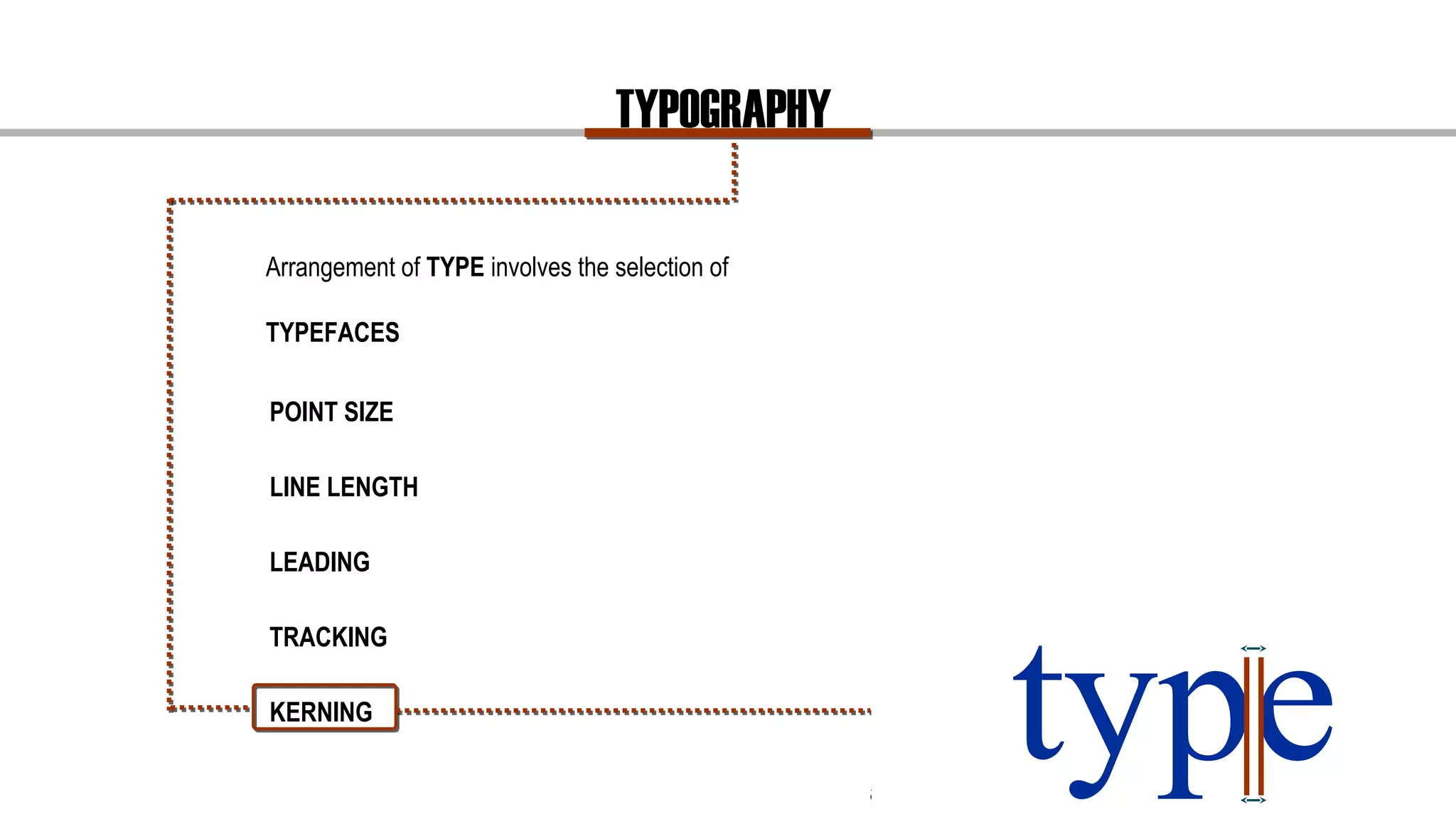 TYPOGRAPHY
Arrangement of TYPE involves the selection of
TYPEFACES
Space between characters
Kerning is a term applied specifically to the spacing
adjustment of two particular characters.
POINT SIZE
LINE LENGTH
LEADING
TRACKING
KERNING
type
 