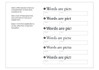 Here’s a little exercise to test your
comprehension of what we’ve
covered so far.
Take a look at these specimens
and comment on how you’d
classify them.
Keep in mind that classification is
an aid, rather than a hard and
fast system.
1
What? Why?
2
What? Why?
3
What? Why?
4
What? Why?
5
What? Why?
6
What? Why?
 