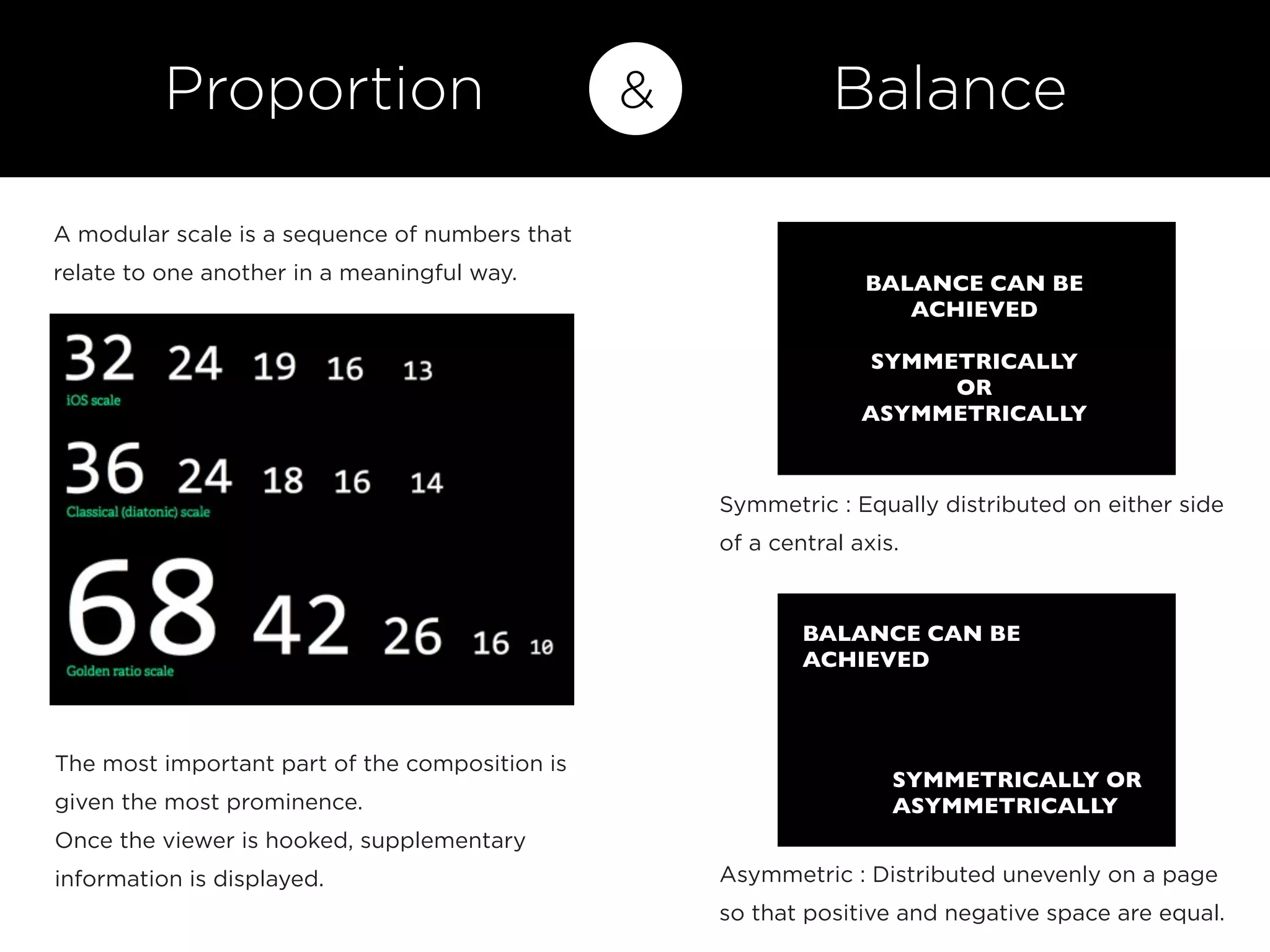 The most important part of the composition is
given the most prominence.
Once the viewer is hooked, supplementary
information is displayed.
Symmetric : Equally distributed on either side
of a central axis.
A modular scale is a sequence of numbers that
relate to one another in a meaningful way.
& BalanceProportion
Asymmetric : Distributed unevenly on a page
so that positive and negative space are equal.
BALANCE CAN BE
ACHIEVED
SYMMETRICALLY
OR
ASYMMETRICALLY
BALANCE CAN BE
ACHIEVED
SYMMETRICALLY OR
ASYMMETRICALLY
 