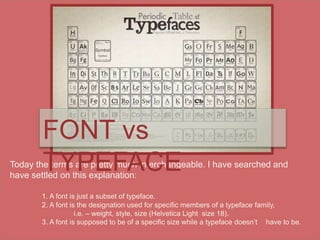 Today the terms are pretty much interchangeable. I have searched and
have settled on this explanation:
1. A font is just a subset of typeface.
2. A font is the designation used for specific members of a typeface family,
i.e. – weight, style, size (Helvetica Light size 18).
3. A font is supposed to be of a specific size while a typeface doesn’t have to be.
FONT vs
TYPEFACE
 